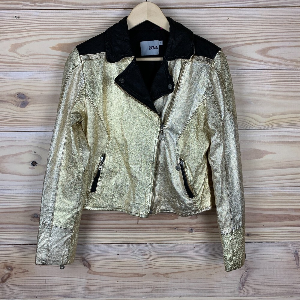 Doma Metallic Leather Moto Jacket Womens Large Biker Western‎ Disco Gold Silver